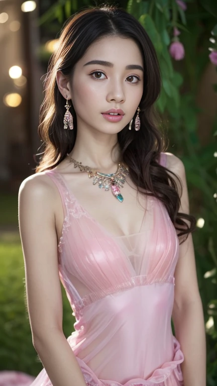 8K, ultra hd, masterpiece, 1 girl, (good face:1.4), detailed eyes, long hair, impressive hairstyle, earings, necklace, small breasts, (pink dress:1.5), see-through, (fantasy dress:1.5) Light-colored foundation brings out the transparency of the skin, (in t...