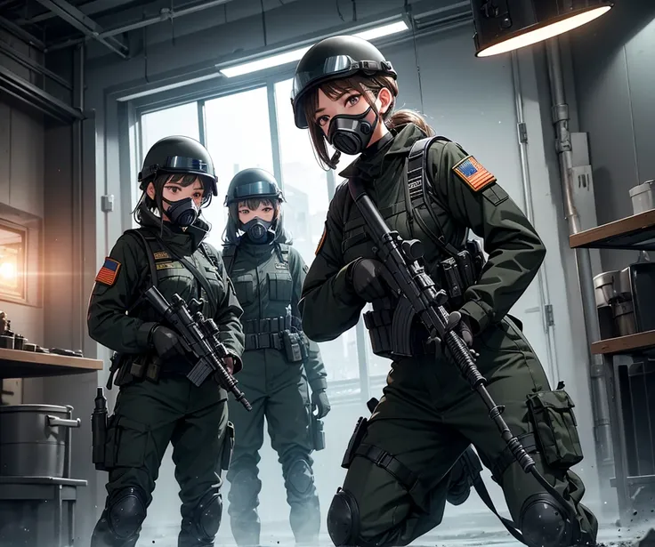 Three female soldiers standing at attention、Wear a black helmet、Wearing black M-15 military uniform、Gas Mask、Goggles、Only the upper part of the leg is shown、Write details、masterpiece、best quality、Highly detailed CG、8K picture quality、theater lighting、lens ...