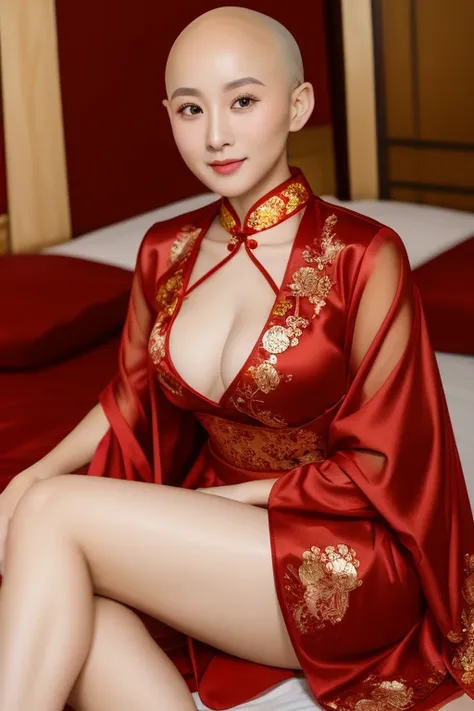 Woman in red lingerie sitting on bed，wearing red robe，Open V chest clothes，Asian nymph bald goddess，wearing sexy lingerie，traditional china，18 years old，Charming and alluring，穿著紅色cheongsam，Chinese clothing，beautiful exotic, interesting costumes, Chinese tr...