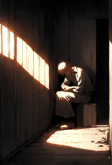 a man sitting in the corner and crying