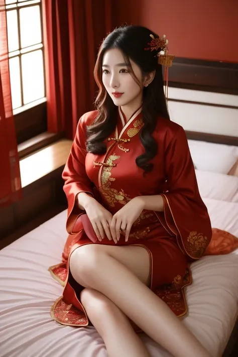 Woman in red lingerie sitting on bed，wearing red robe，Open V chest clothes，Asian King and Goddess Ting，wearing sexy lingerie，traditional china，18 years old，Charming and alluring，穿著紅色cheongsam，Chinese clothing，beautiful exotic, interesting costumes, Chinese...