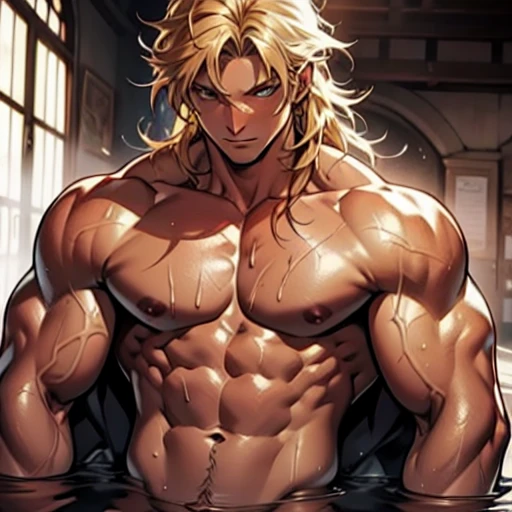 Detailed character design, complete parts, about the character lyon, with golden hair, soaked skin, muscular, 