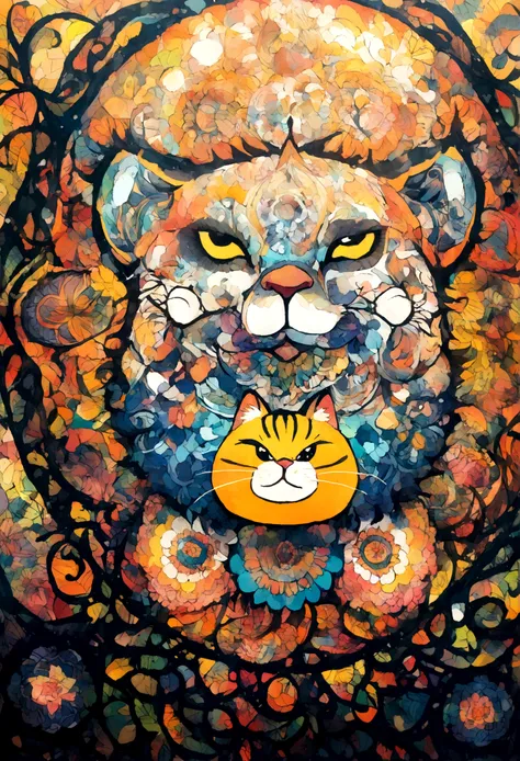 ２Vivid colorful drawing of cool cat-based mandalas