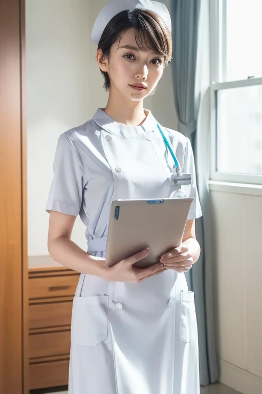 1 girl,(Wearing white nurse clothes:1.2),(RAW Photos, highest quality), (Realistic, photo-Realistic:1.4), masterpiece, Very delicate and beautiful, Very detailed, 2k wallpaper, wonderful, finely, Very detailed CG unity 8k wallpaper, Very detailed, High res...