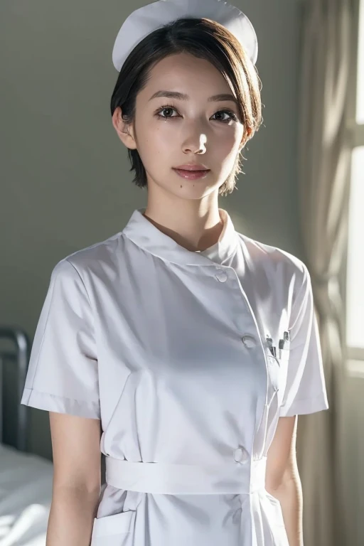 1 girl,(wearing white nurse clothes:1.2),(raw photos, highest quality), (realistic, photo-realistic:1.4), masterpiece, very deli...