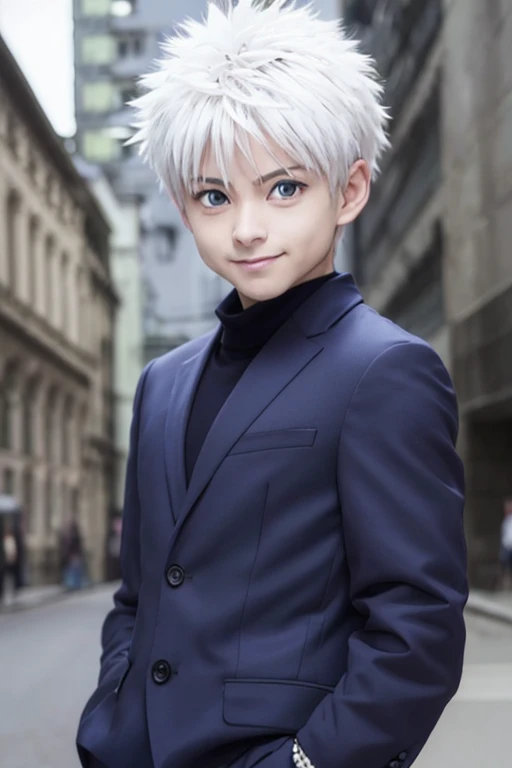 1 male, anime「Hunter x Hunter」Killua Zodiac, short hair , Gray Hair, blue eyes, good looking, Black clothes, smile, Realistic clothes, Clothing Details, Urban Background, Super detailed, Realistic