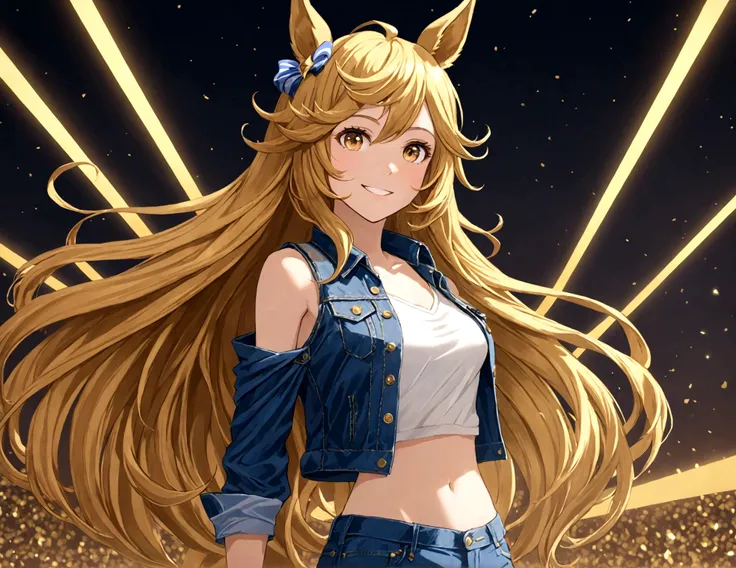 gold_city, umamusume, cygames, detailed, beautiful golden wave long hair, shiny elegant smile, One handed akimbo, posing, long white legs, show shoulders and arms, short jeans, open sleevelessdenim jacket