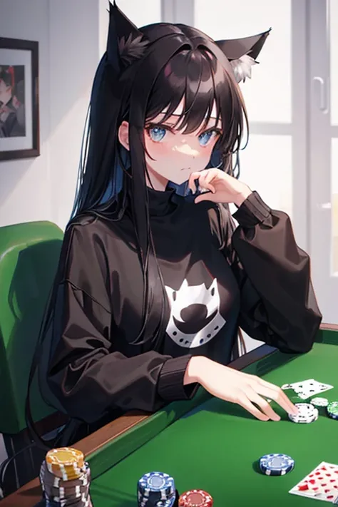 Black Hair，Black clothing，Cat ear，Girl，Poker face