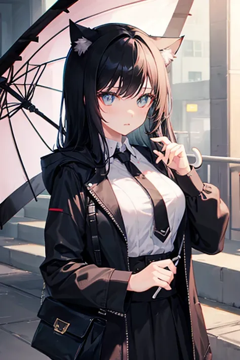 Black Hair，Black clothing，Cat ear，Girl，Poker face，With an umbrella