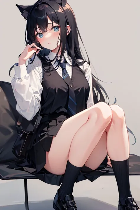 Black Hair，Black clothing，Cat ear，Girl，Poker face，tie