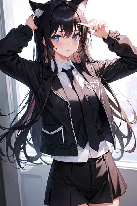 Black Hair，Black clothing，Cat ear，Girl，Poker face，tie