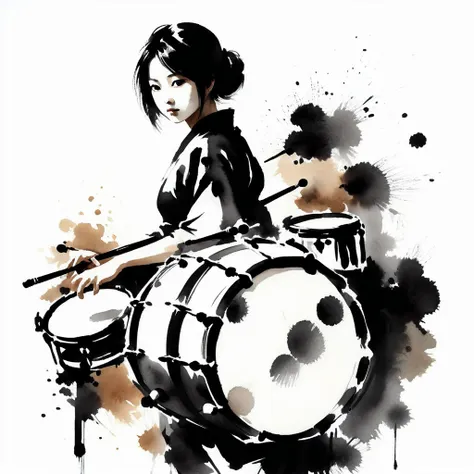 1girl,solo, looking at viewer,  watercolor style,japanese drums,sumi-e, masterpiece,best quality,extremely detailed,fine details...