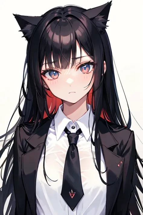 Black Hair，Black clothing，Cat ear，Girl，Poker face，tie