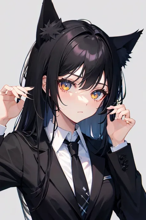 Black Hair，All black，Cat ear，Girl，Poker face，tie