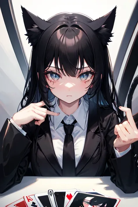 Black Hair，All black，Cat ear，Girl，Poker face，tie