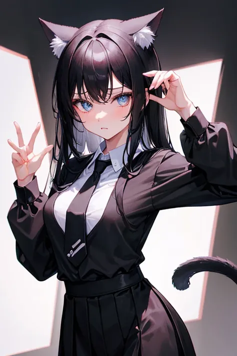 Black Hair，Black clothing，Cat ear，Girl，Poker face，tie，Standing，whole body