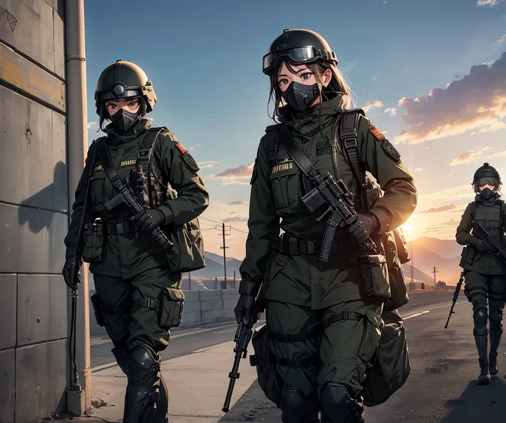 Three female soldiers patrolling side by side、Wear a black helmet、Wear a black military uniform、Gas Mask、Goggles、Show only the part above the feet、Write details、masterpiece、best quality、Highly detailed CG、8K picture quality、theater lighting、lens flare