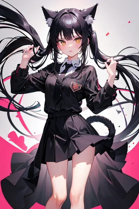 Black Hair，Black clothing，Cat ear，Girl，Poker face，tie，Standing，whole body