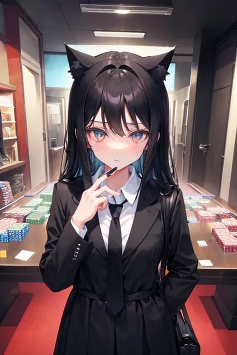 Black Hair，Black clothing，Cat ear，Girl，Poker face，tie，Standing，whole body