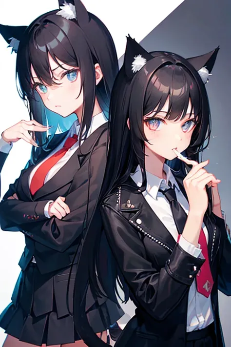 Black Hair，Black clothing，Cat ear，Two girls，Poker face，tie