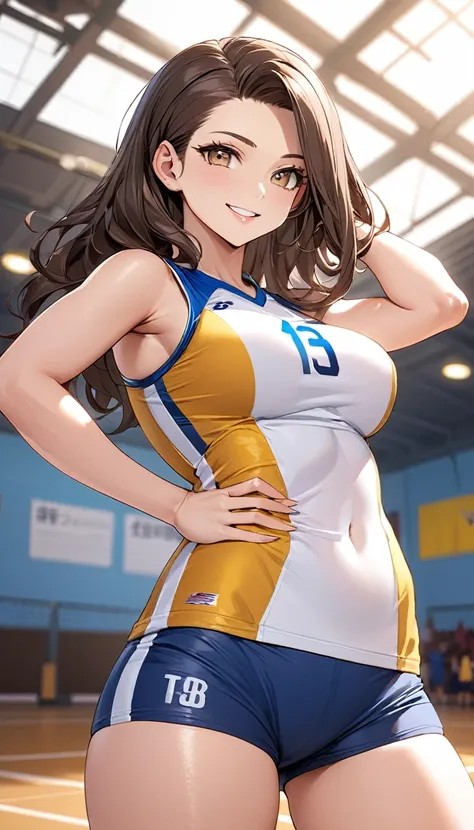 masterpiece, highest quality, Very detailed, ,Fine details, Anime style, One girl, middle part, slicked back hair, large breasts、Big Ass、Tight waist、Dynamic Angle、Long Hair、Beautiful Eyes、dark brown hair, Shiny Hair, light brown eyes、smile, sexy pose, bewi...