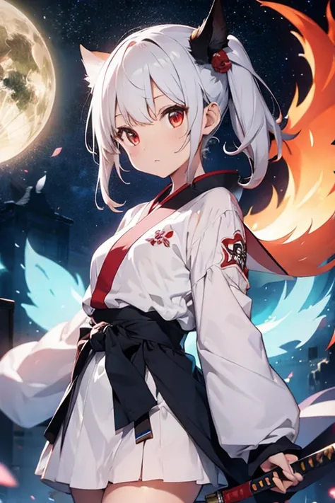 kitsune girl,white kimono,red eyes,katana,blue fire