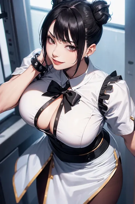 juri han, work of art, tight white secretary shirt with black tie, black high waist skirt, short skirt, short hair, black hair, black tights evil smile,oculos
