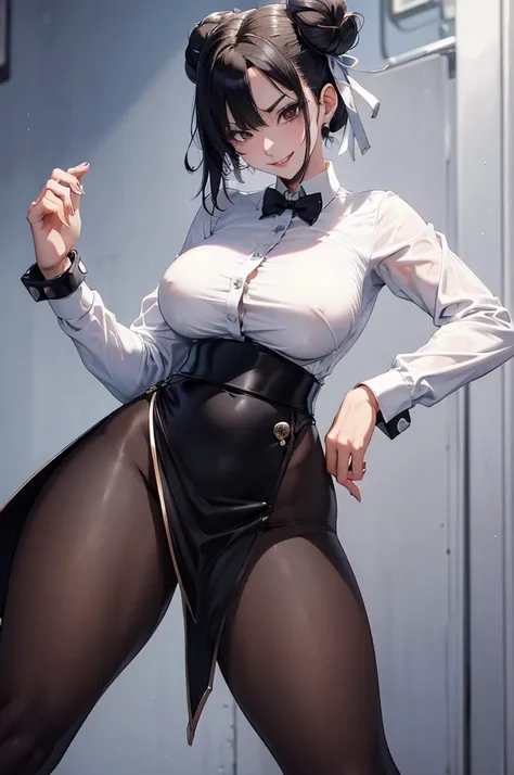 juri han, work of art, tight white secretary shirt with black tie, black high waist skirt, short skirt, short hair, black hair, black tights evil smile,oculos
