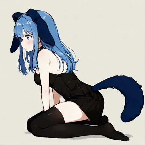 a sexy female with long blue hair, has floppy puppy ears, has a puppy tail, wearing a black corset, wearing a black mini skirt, has a dark blue dog collar on, wearing cute thigh high socks, relaxing on knees, solo, alone, (SOLO)ALONE), no dogs, single girl...