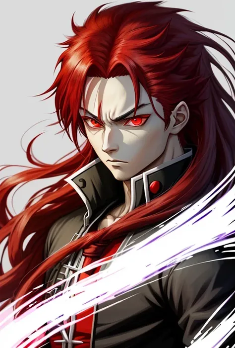 anime character with red eyes and long hair with red eyes, an anime drawing inspired by Ryuzaburo Umehara, tumblr, sōsaku made, kimetsu no yaiba, red eyes glowing, red-eyes, large red eyes, fully red eyes, with red glowing eyes, portrait of hisoka hunter h...