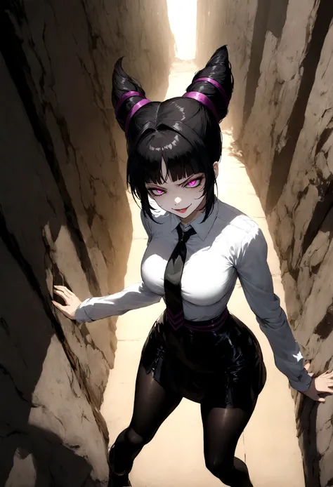 juri han, work of art, tight white secretary shirt with black tie, black high waist skirt, short skirt, black hair, black tights,evil smile,office,franja nos olhos,lighting,chifre de cabelos,view from above,olhando para cima,sentada,pernas cruzadas
