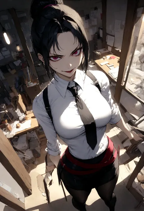 juri han, work of art, tight white secretary shirt with black tie, black high waist skirt, short skirt, black hair, black tights,evil smile,office,franja nos olhos,lighting,chifre de cabelos,view from above,olhando para cima,sentada,pernas cruzadas
