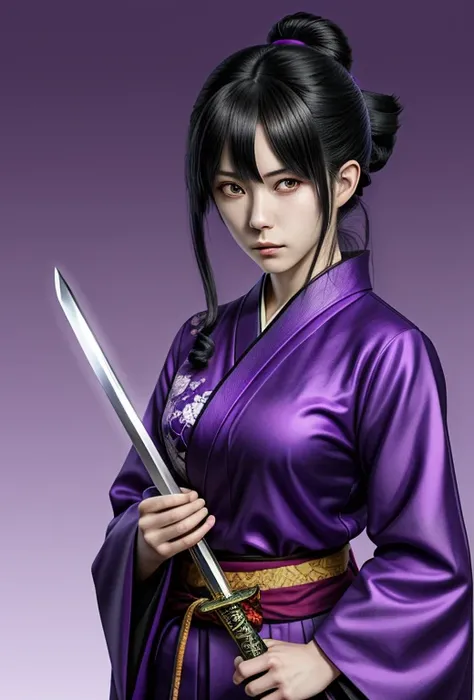 a woman in a purple kimono with a sword and a purple shirt, inspired by Okumura Masanobu, handsome guy in demon slayer art, demon slayer rui fanart, inspired by Kusumi Morikage, shikanosuke yagaki, akiyuki shinbou, tanjiro kamado, inspired by Kanō Sanraku