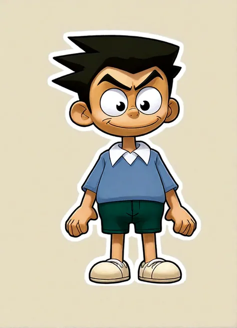 short hair，Blue Shirt，绿色shorts，Place your hands in your trouser pockets，1boy，whole body，Male focus，shorts，Simple background，Smile，solo，White background，Bonegawa Suneo