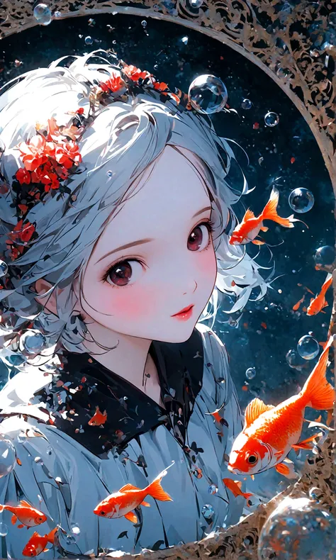 (woman(student, 15 years old, JK, Silver flowing short hair, Cosmic eyes, Black school uniform, Pale skin, Tired face，Eyes without luster) look up to the sky), (Many goldfish swimming in the air), Beautiful sky, Beautiful clouds, In summer，Colorful flowers...