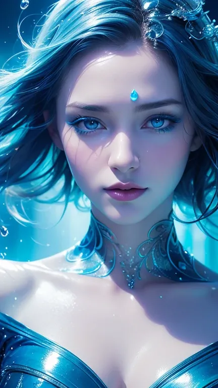 a beautiful young woman in a blue dress, closeup fantasy with water magic, karol bak uhd, water manipulation, water art, blue body paint, incredible digital art, amazing digital art, water art manipulation, beautiful digital artwork, blue colour splash, ch...