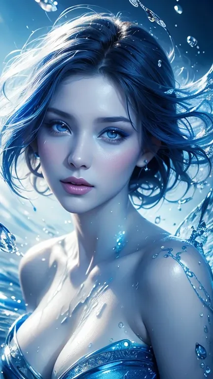 a beautiful young woman in a blue dress, closeup fantasy with water magic, karol bak uhd, water manipulation, water art, blue body paint, incredible digital art, amazing digital art, water art manipulation, beautiful digital artwork, blue colour splash, ch...