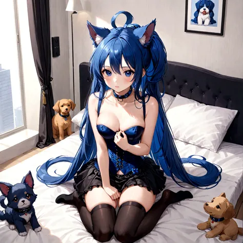 a sexy female with long blue hair, has fuzzy floppy puppy ears, has a puppy tail, wearing a black corset, wearing a black mini skirt, has a dark blue dog collar on, wearing cute thigh high socks, relaxing on knees, solo, alone, (SOLO)ALONE), no dogs, singl...