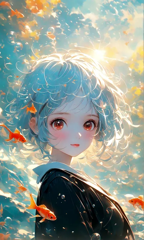 (woman(student, 15 years old, JK, Silver flowing short hair, Cosmic eyes, Black school uniform, Pale skin, Tired face，Eyes without luster) look up to the sky), (Many goldfish swimming in the air), Beautiful sky, Beautiful clouds, In summer，Colorful flowers...