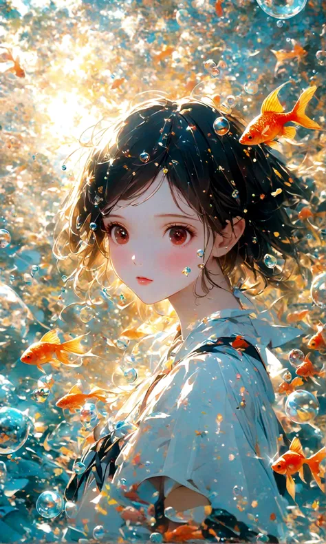 (woman(student, 15 years old, JK, Silver flowing short hair, Cosmic eyes, Black school uniform, Pale skin, Tired face，Eyes without luster) look up to the sky), (Many goldfish swimming in the air), Beautiful sky, Beautiful clouds, In summer，Colorful flowers...