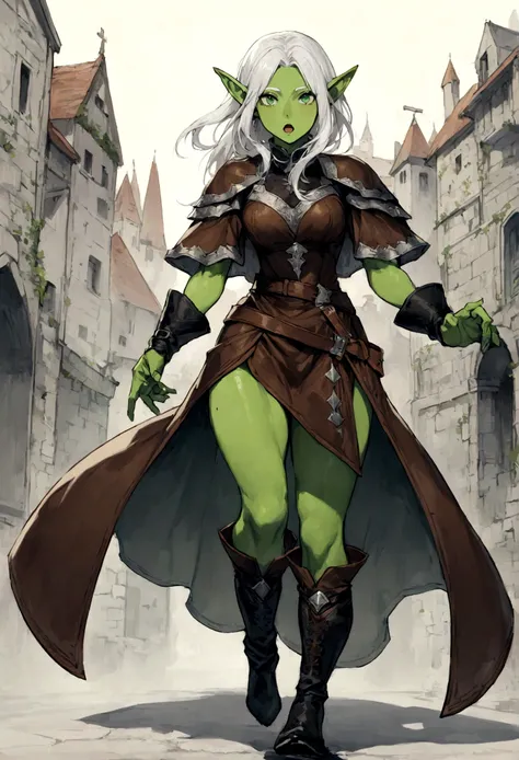 Elf, green skin, female, fantasy look, rpg character, medieval fantasy, white hair, green eyes, 1.90 height, muscular, full-body shot, black boots, ((full-body)), leather tunic, ((fantasy outfits)), ((deep green skin)) ((open mouth)), ((high quality))