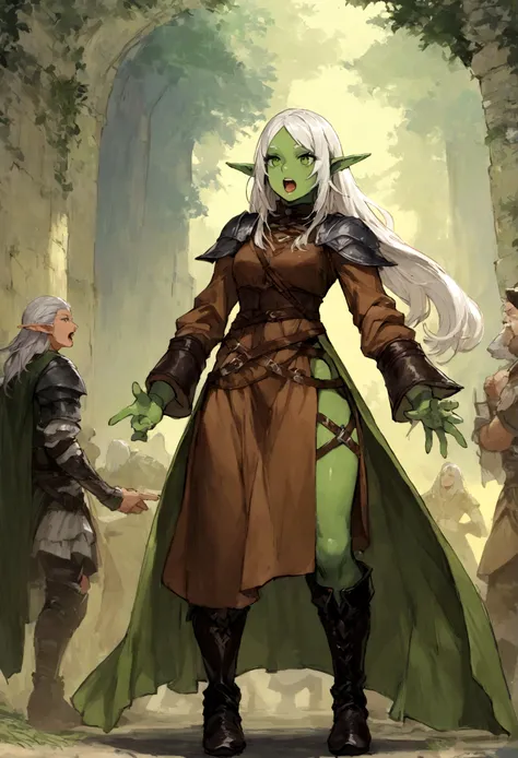 Elf, green skin, female, fantasy look, rpg character, medieval fantasy, white hair, green eyes, 1.90 height, muscular, full-body shot, black boots, ((full-body)), leather tunic, ((fantasy outfits)), ((deep green skin)) ((open mouth)), ((high quality))