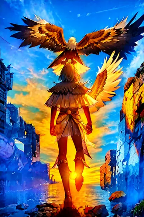 homem, cabelo branco, olhos amarelos, roupa de um guerreiro extraterrestre,with eagle wings, sobrevoado uma cidade a noite