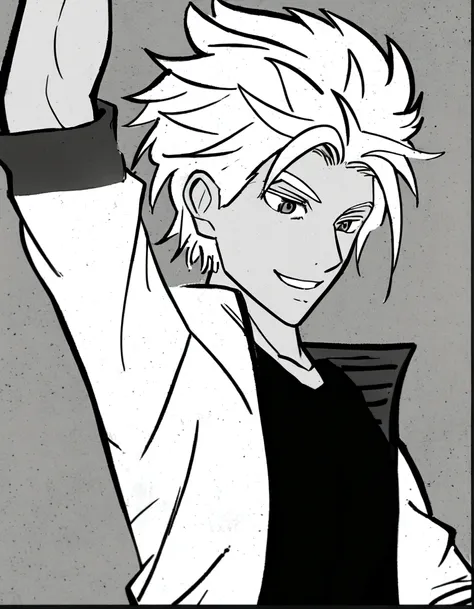 male boy, white hair, smile, arm raised, white jacket open, manga style