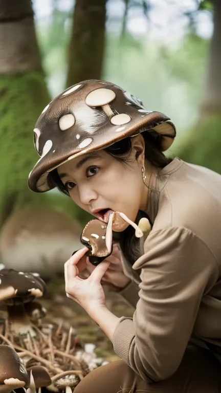 (Japanese　50-year-old woman eating　Mushroom-like sweets 5:1.5)6Precision in the details,High resolution,Smooth image quality,Clear,Contour,(Raw photo:1.2)、（highest quality:1.5）,（Precision:1.5）,
　(High resolution:1.5),
　（8k),
　(Japanese:1.7),