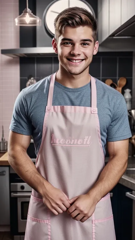 A cute young man, shirtless, wearing a pink apron, detailed face and eyes, long eyelashes, beautiful smile, cinematic lighting, photorealistic, intricate details, high quality, digital art, masterpiece