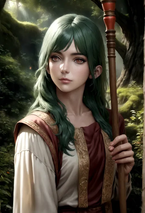 A beautiful elf woman with long green hair and amber eyes, dressed in clothing made of plants and moss, holding a simple wooden staff, in a lush forest setting, exuding an aura of powerful magic, (best quality,4k,8k,highres,masterpiece:1.2),ultra-detailed,...