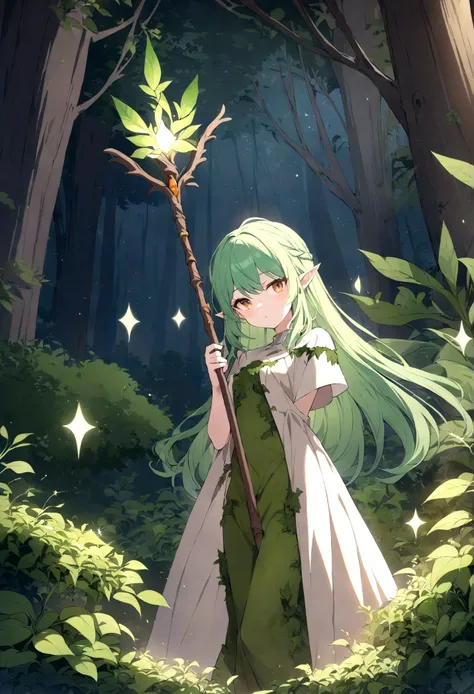 an elf woman, green hair, amber eyes, dressed in plant and moss clothing, a simple staff, forest setting, exuding great magic