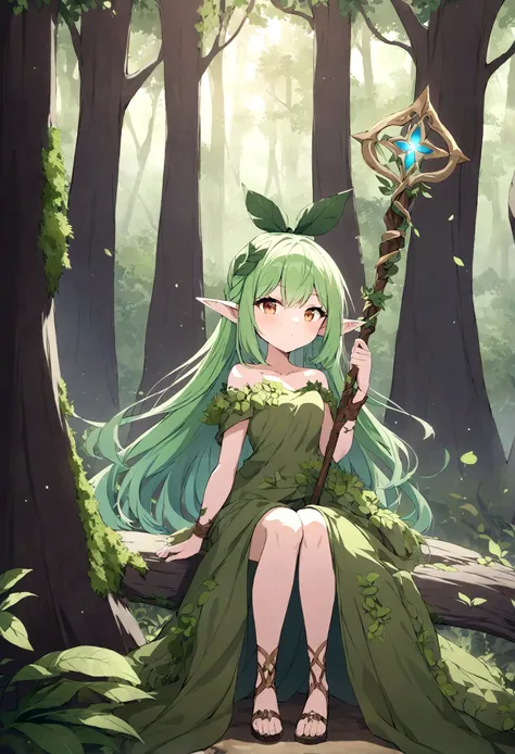 an elf woman, green hair, amber eyes, dressed in plant and moss clothing, a simple staff, forest setting, exuding great magic