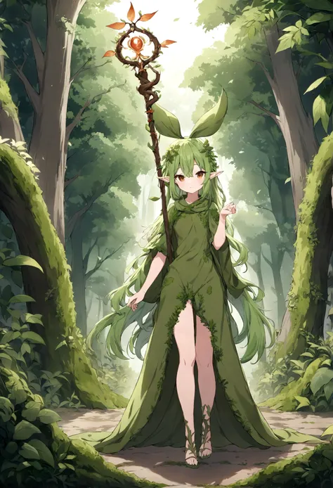 an elf woman, green hair, amber eyes, dressed in plant and moss clothing, a simple staff, forest setting, exuding great magic